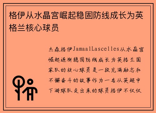 格伊从水晶宫崛起稳固防线成长为英格兰核心球员